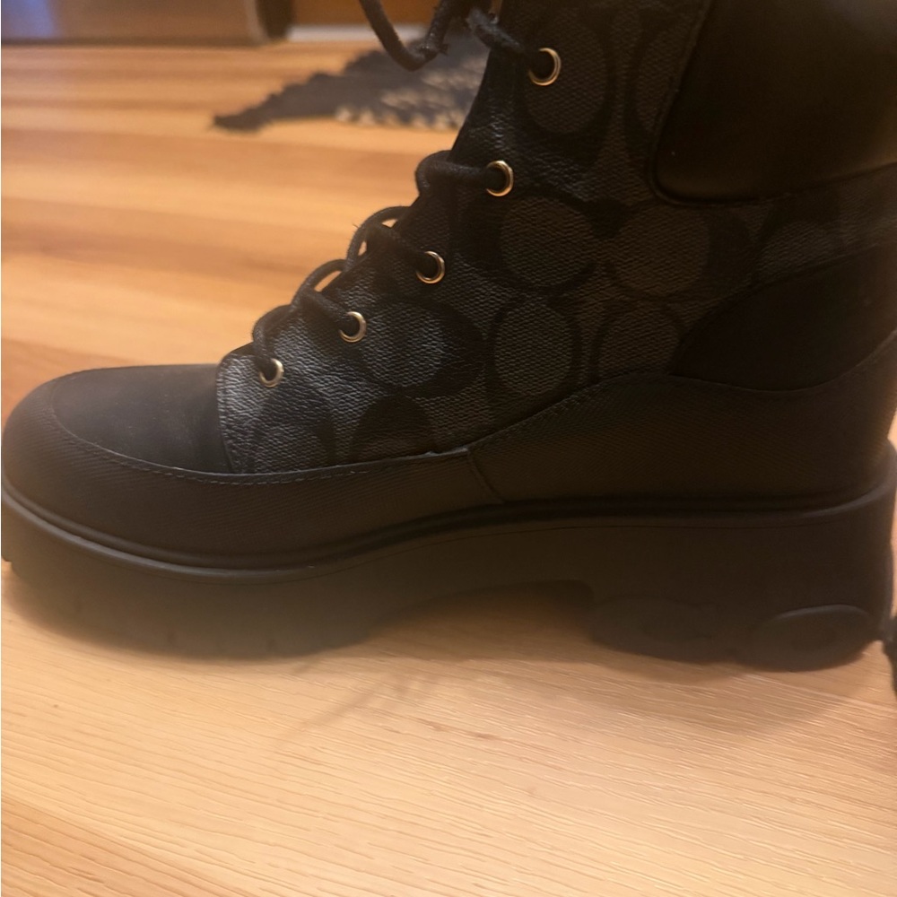 Coach Black Signature Lace-Up Lug-Sole Ankle Boots - Picture 6 of 8